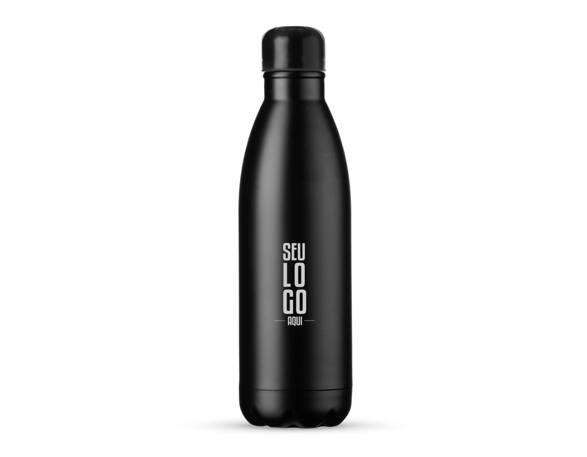 Garrafa térmica de inox com acabamento fosco, capacidade de 1 litro. Contém tampa de vedação rosqueável com detalhe externo em relevo