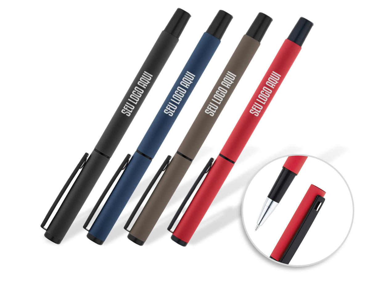 Roller em alumínio com clipe acabamento emborracha. Disponível em várias cores. Escrita em preto.
