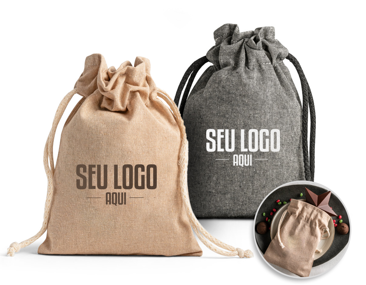 Sacola em algodão reciclado (140 g/m²) com cordão em algodão. Sacola reutilizável ideal para pequenos presentes. 140 x 200 mm