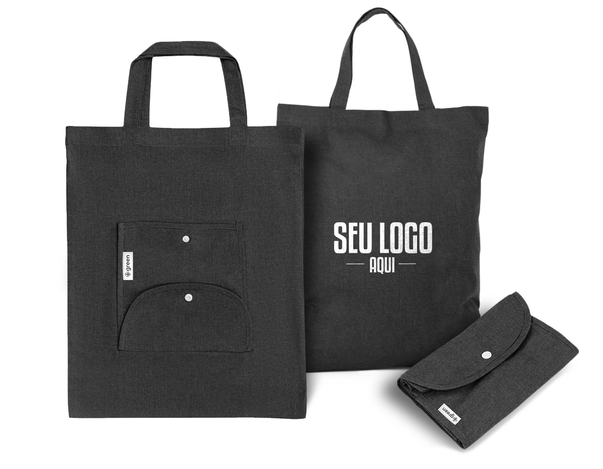 Sacola dobrável em algodão (140 g/m²) composta por 50% algodão e 50% algodão reciclado, com alças de 38 cm. Aberto: 380 x 470 mm | Dobrado: 135 x 205 mm