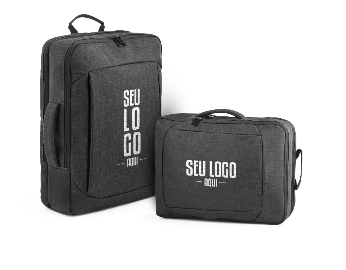 Mochila híbrida (2 em 1) em 600D com 2 modos de transporte. Possui um modo mochila, com parte posterior e alças almofadadas com mecanismo que permite ocultá-las. Também pode ser utilizada em modo pasta, com uma pega de mão reforçada e confortável. Contém 2 compartimentos principais: 1 com bolso para notebook até 15,6" e outro com vários bolsos multifuncionais. Possui ainda 1 bolso frontal com fecho e banda de transporte para trolley. 320 x 425 x 120 mm