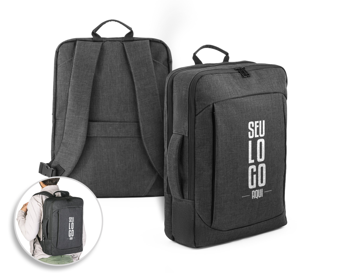 Mochila híbrida (2 em 1) em 600D com 2 modos de transporte. Possui um modo mochila, com parte posterior e alças almofadadas com mecanismo que permite ocultá-las. Também pode ser utilizada em modo pasta, com uma pega de mão reforçada e confortável. Contém 2 compartimentos principais: 1 com bolso para notebook até 15,6" e outro com vários bolsos multifuncionais. Possui ainda 1 bolso frontal com fecho e banda de transporte para trolley. 320 x 425 x 120 mm