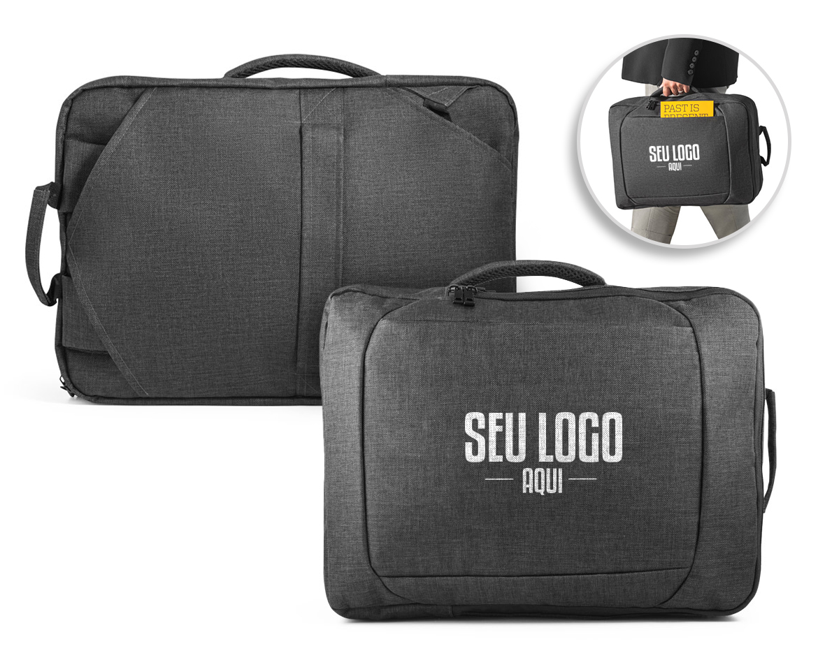 Mochila híbrida (2 em 1) em 600D com 2 modos de transporte. Possui um modo mochila, com parte posterior e alças almofadadas com mecanismo que permite ocultá-las. Também pode ser utilizada em modo pasta, com uma pega de mão reforçada e confortável. Contém 2 compartimentos principais: 1 com bolso para notebook até 15,6" e outro com vários bolsos multifuncionais. Possui ainda 1 bolso frontal com fecho e banda de transporte para trolley. 320 x 425 x 120 mm