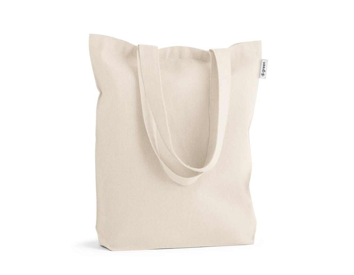 Sacola em algodão (220 g/ m²) composta por 50% algodão e 50% algodão reciclado, com alças de 60cm. 380 x 400 x 100 mm