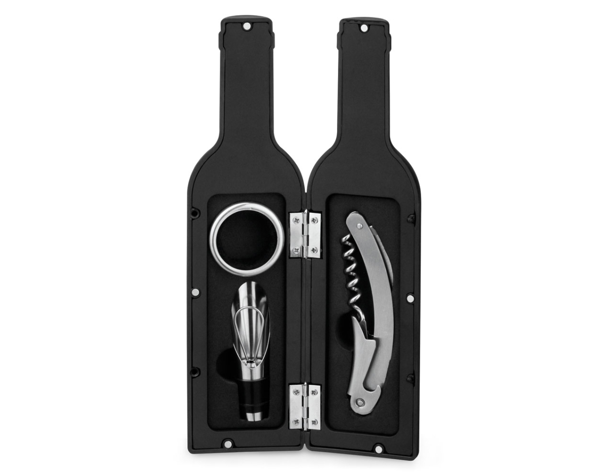Kit vinho com três componentes em metal: saca-rolhas com canivete de sommelier, gargantilha e salva-gotas com tampa. Fornecido em estojo de oferta em formato de garrafa com acabamento em borracha.