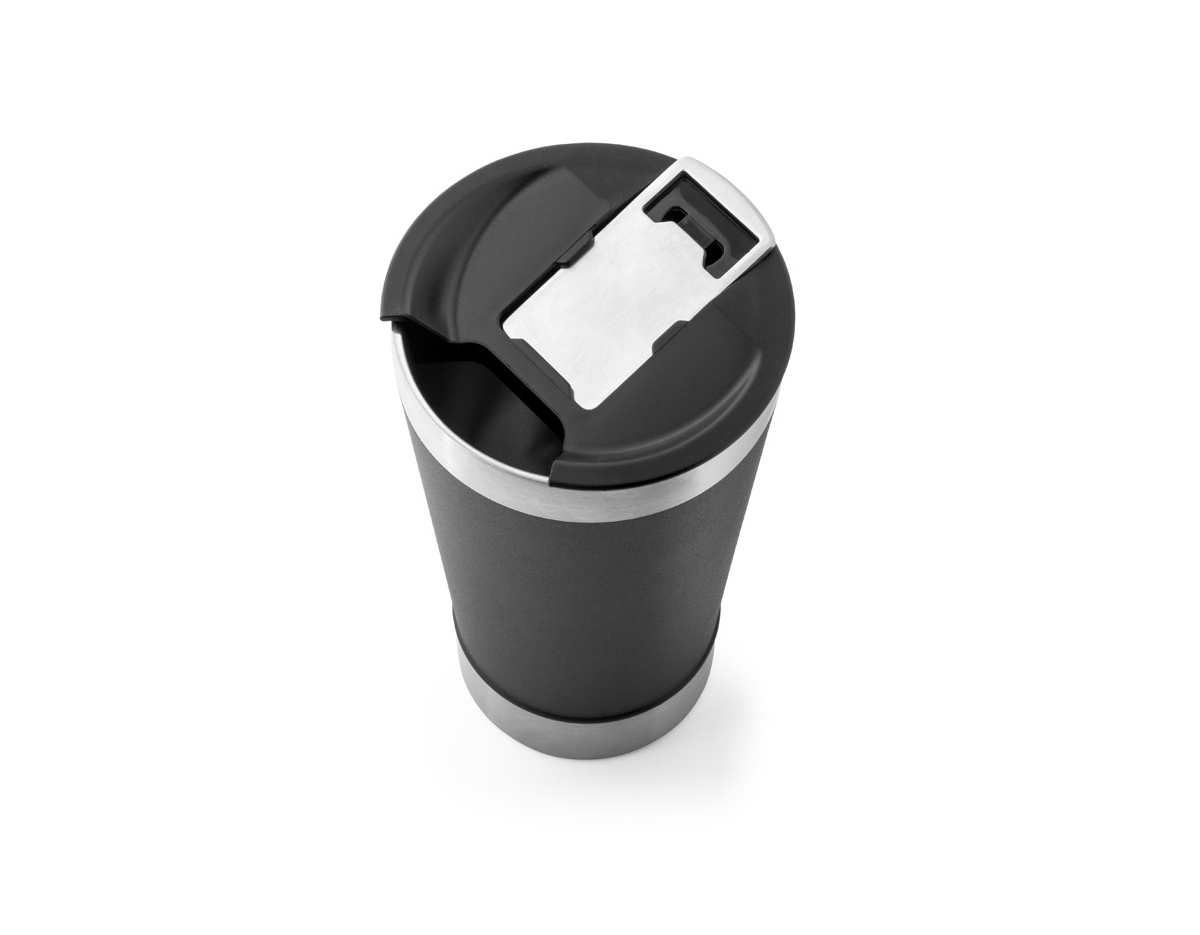 Copo de viagem térmico em aço inox com parede dupla isolada a vácuo. A tampa inclui um abridor de garrafas. Ideal para preservar as suas bebidas frias ou quentes. Capacidade até 630 mL.