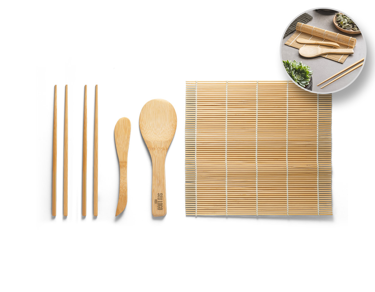 Kit para sushi em bambu com tapete, 2 pares de hashi, 1 colher e 1 faca em bambu