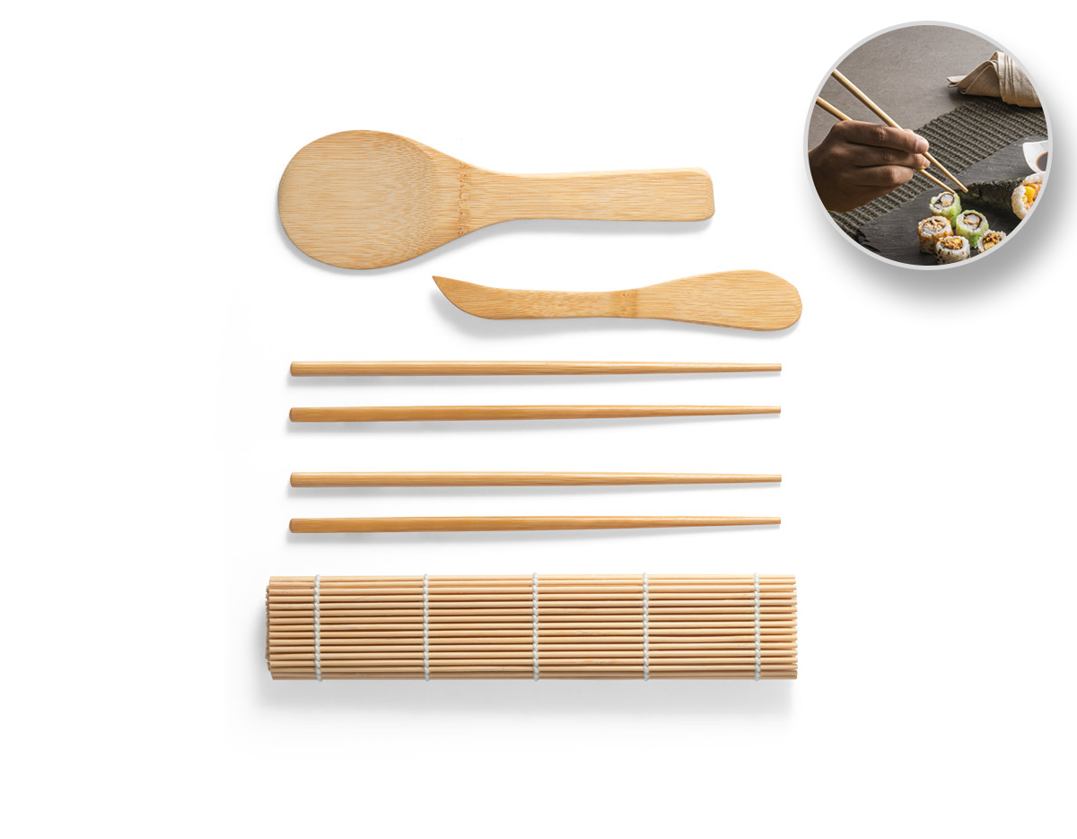 Kit para sushi em bambu com tapete, 2 pares de hashi, 1 colher e 1 faca em bambu