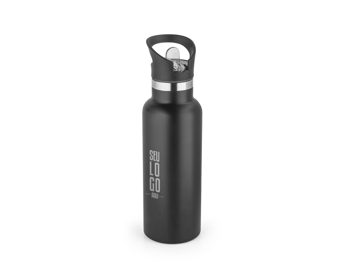 Garrafa em aço inox com parede dupla isolada a vácuo e tampa com boquilha de palhinha em PP. Capacidade até 570ml