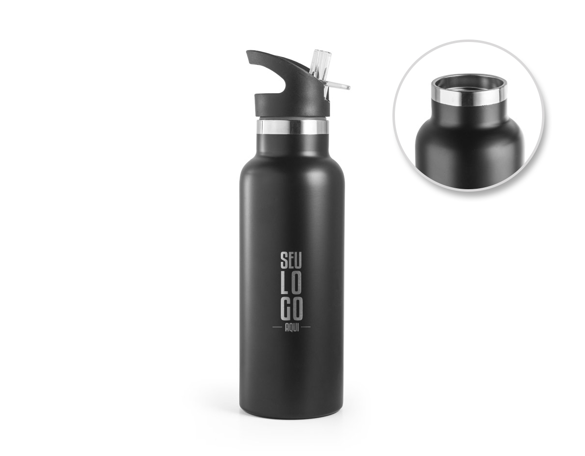 Garrafa em aço inox com parede dupla isolada a vácuo e tampa com boquilha de palhinha em PP. Capacidade até 570ml