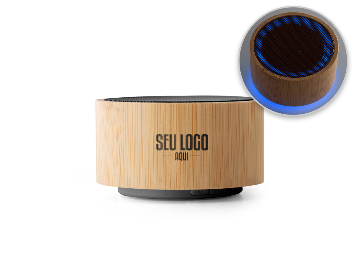 Caixa de som em bambu e ABS. Possui transmissão sem fios BT v5.0 para se conectar ao seu dispositivo móvel. Tem bateria com potência de 3W e capacidade até 300 mAh que permite autonomia aproximada de 2 horas. 