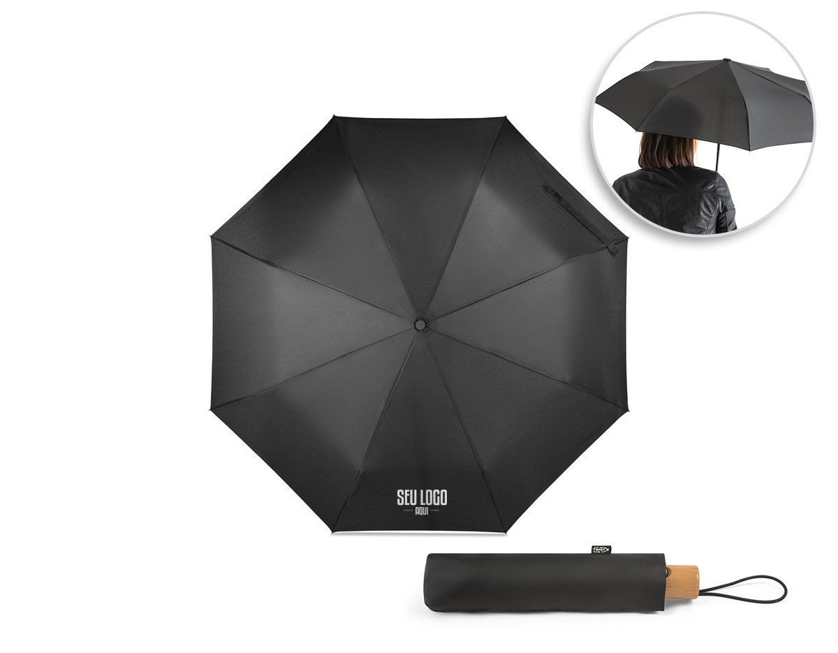 Guarda-chuva rPET 190T pongee, com varetas em fibra de vidro e pega em madeira. Guarda-chuva dobrável em 3 etapas, com abertura e fecho automático e à prova de vento. Fornecido em bolsa. Guarda-Chuva: ø990 x 285 mm