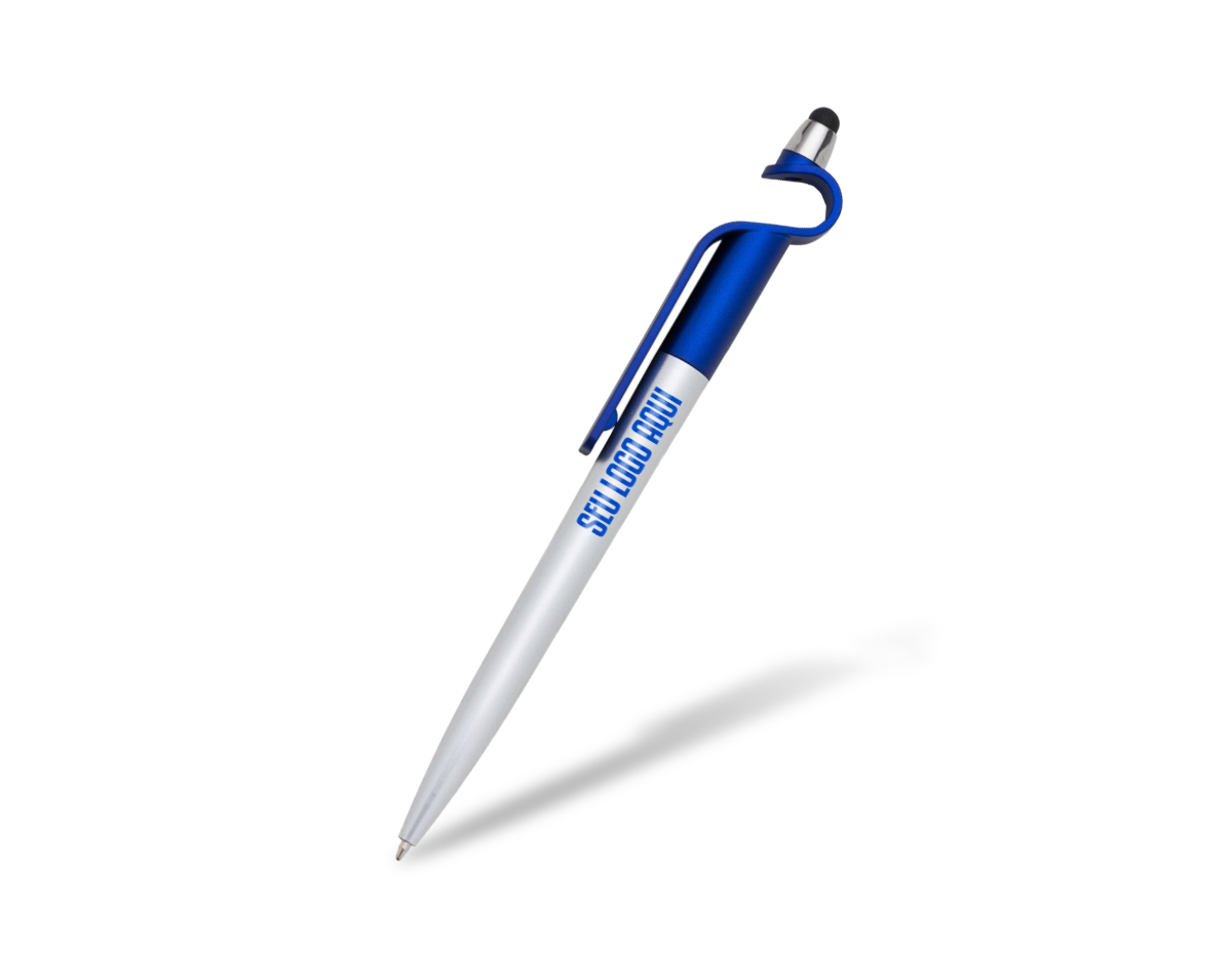 Caneta plástica com suporte para celular e touch screen. Carga esferográfica azul e acionamento por rotação.