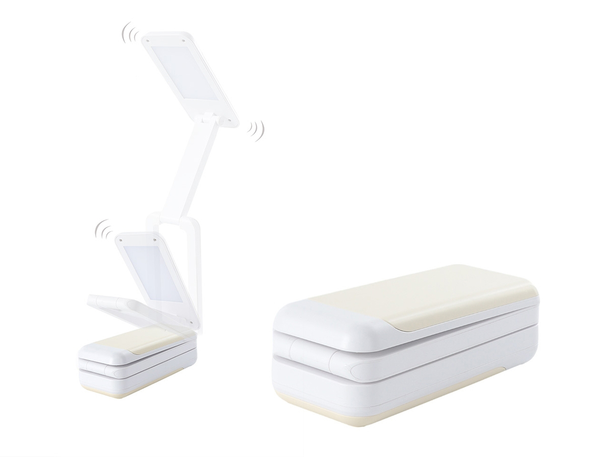 Luminária retrátil recarregável com 14 leds e funcionamento touch, material plástico. Contém três estágios de iluminação com regulagem de intensidade touch: luz fria (branca), luz quente (amarela) e luz mista (branca e amarela). Base com botão para ligar e desligar e área para encaixe na parte inferior. Acompanha uma bateria de lítio e cabo USB para carregamento .Aberta 45 cm