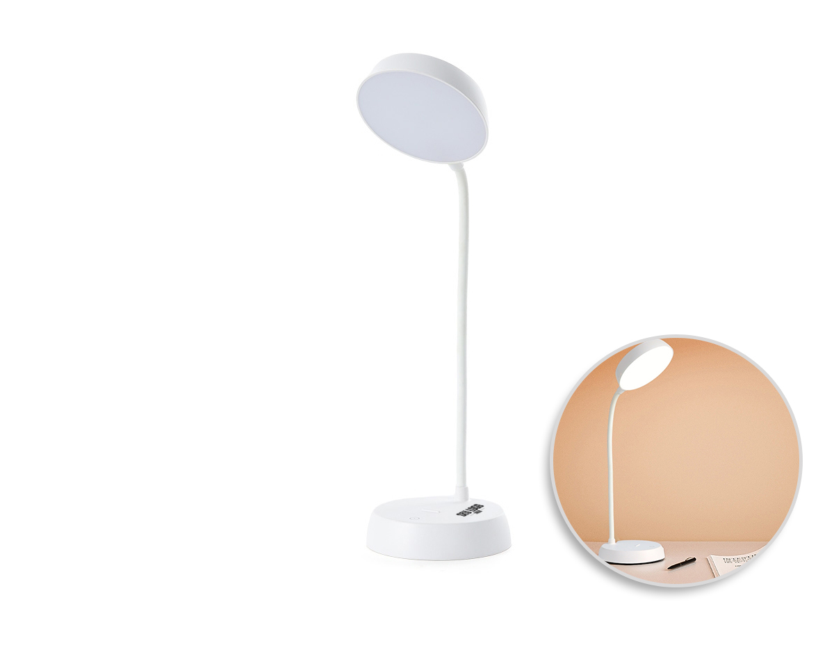  Luminária articulável recarregável com 10 leds e funcionamento touch, material plástico. Contém três estágios de iluminação com regulagem de intensidade touch: luz fria (branca), luz quente (amarela) e luz mista (branca e amarela). Base com botão para ligar e desligar. Acompanha uma bateria de lítio e cabo USB para carregamento.