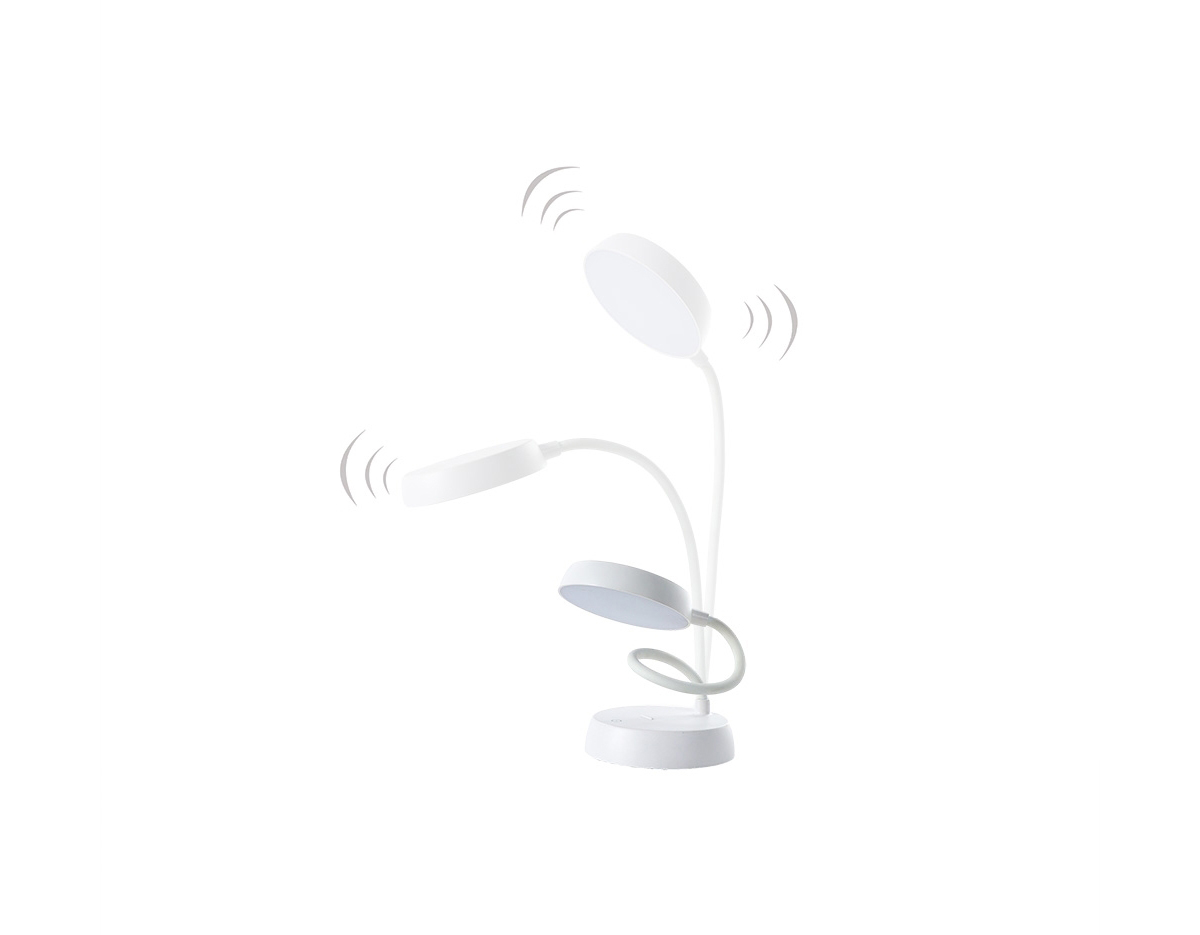  Luminária articulável recarregável com 10 leds e funcionamento touch, material plástico. Contém três estágios de iluminação com regulagem de intensidade touch: luz fria (branca), luz quente (amarela) e luz mista (branca e amarela). Base com botão para ligar e desligar. Acompanha uma bateria de lítio e cabo USB para carregamento.