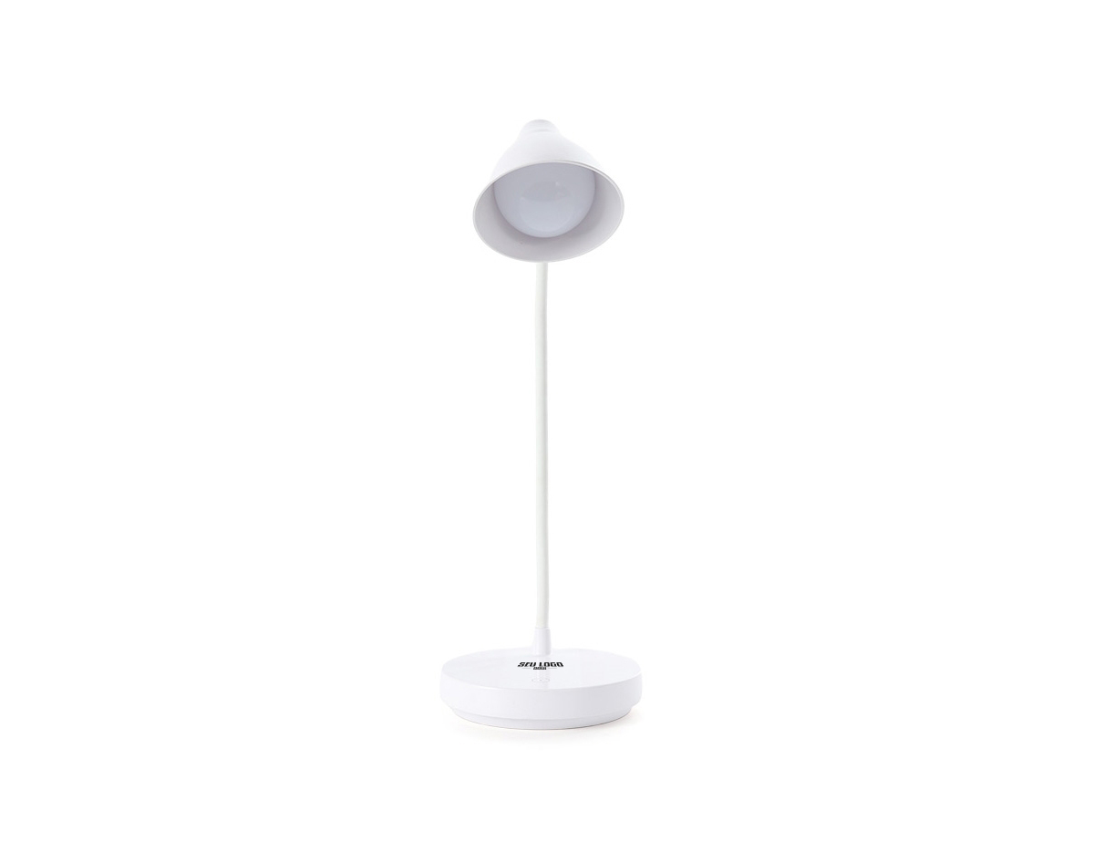 Luminária articulável em led recarregável e funcionamento touch, material plástico. Contém três estágios de iluminação com regulagem de intensidade touch: luz fria (branca), luz quente (amarela) e luz mista (branca e amarela). Base com botão para ligar e desligar. Acompanha uma bateria de lítio e cabo USB para carregamento.Aberto 40 cm