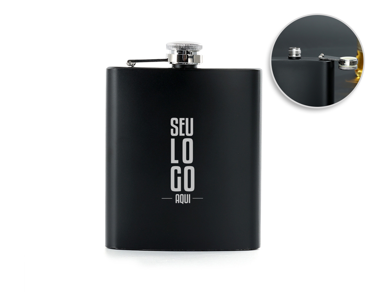  Porta whisky 7oz em aço inoxidável com acabamento fosco.