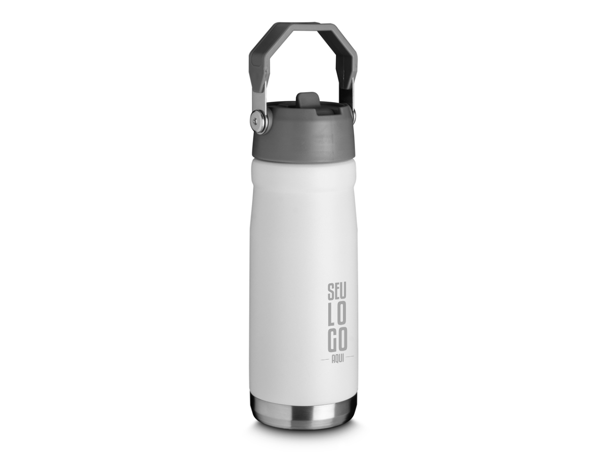 Garrafa térmica em aço inox com parede dupla, com capacidade de até 650ml. Tampa em plástico, com alça para transporte. 