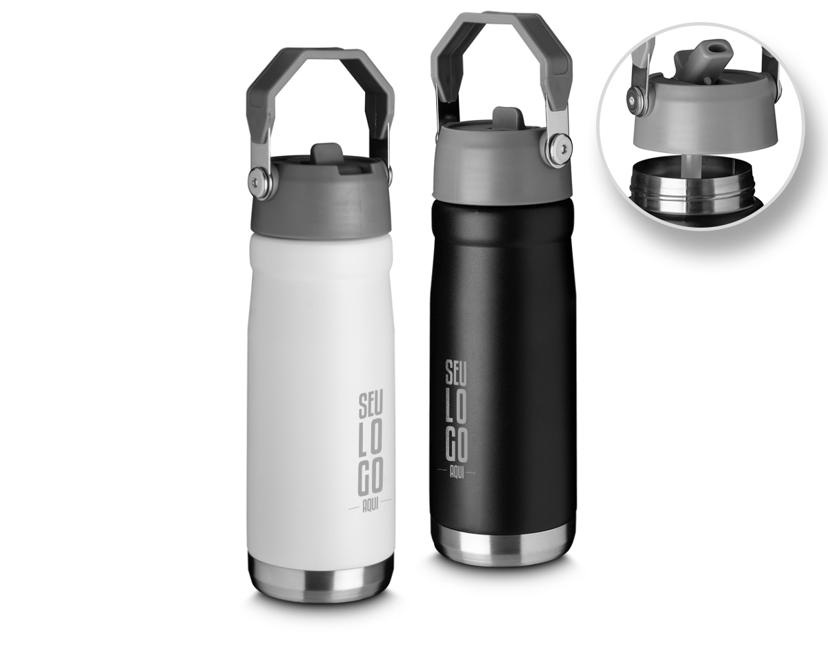 Garrafa térmica em aço inox com parede dupla, com capacidade de até 650ml. Tampa em plástico, com alça para transporte. 