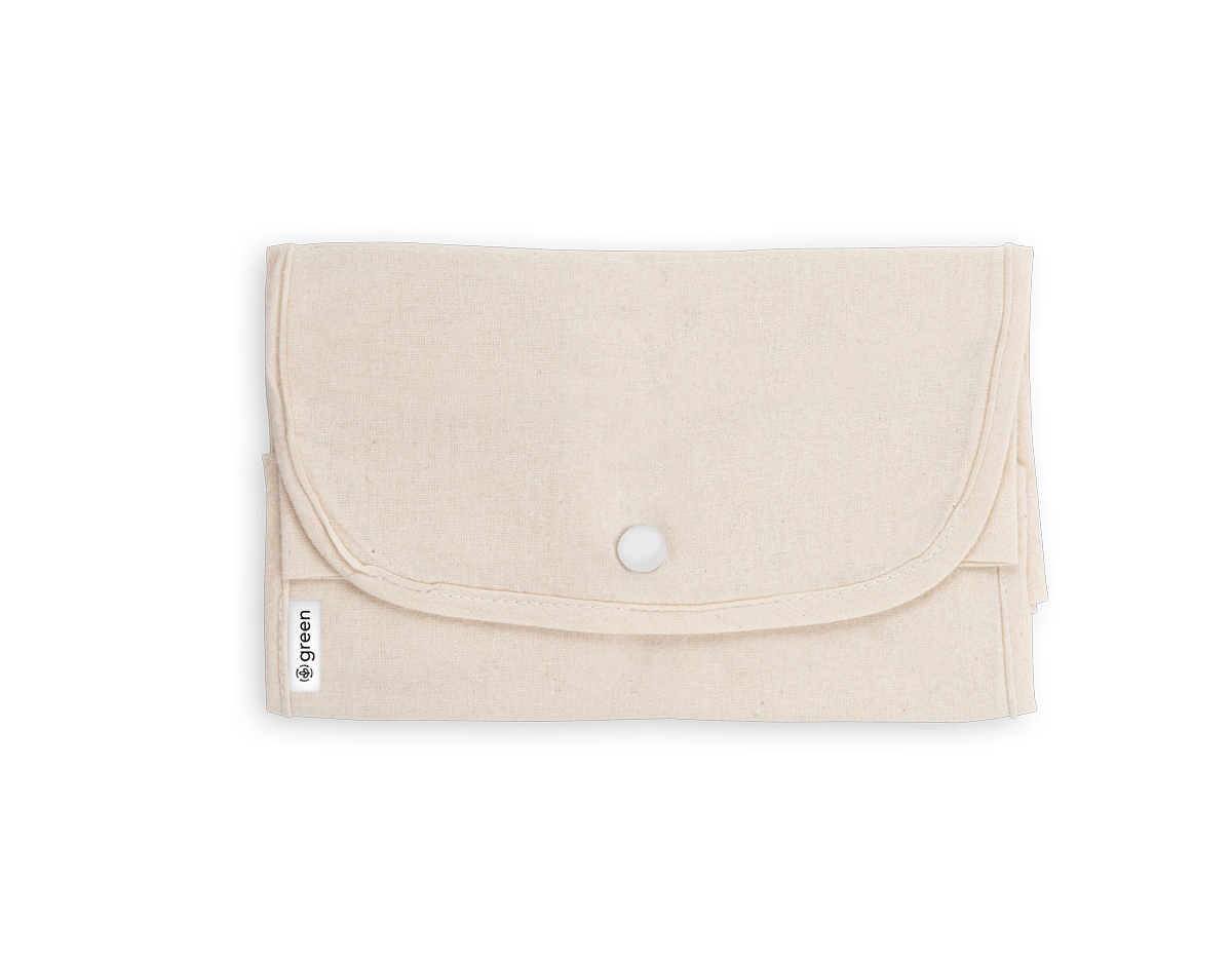 Sacola dobrável em algodão (140 g/m²) composta por 50% algodão e 50% algodão reciclado, com alças de 38 cm. Aberto: 380 x 470 mm | Dobrado: 135 x 205 mm