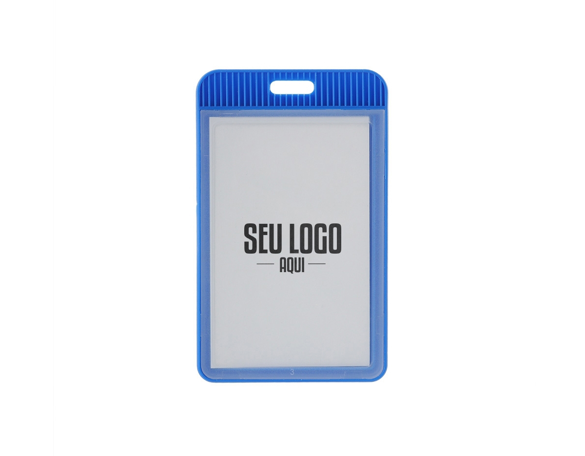 Porta crachá ou porta credencial em plástico resistente. Suporte com visor transparente removível e abertura superior para prender o cordão.