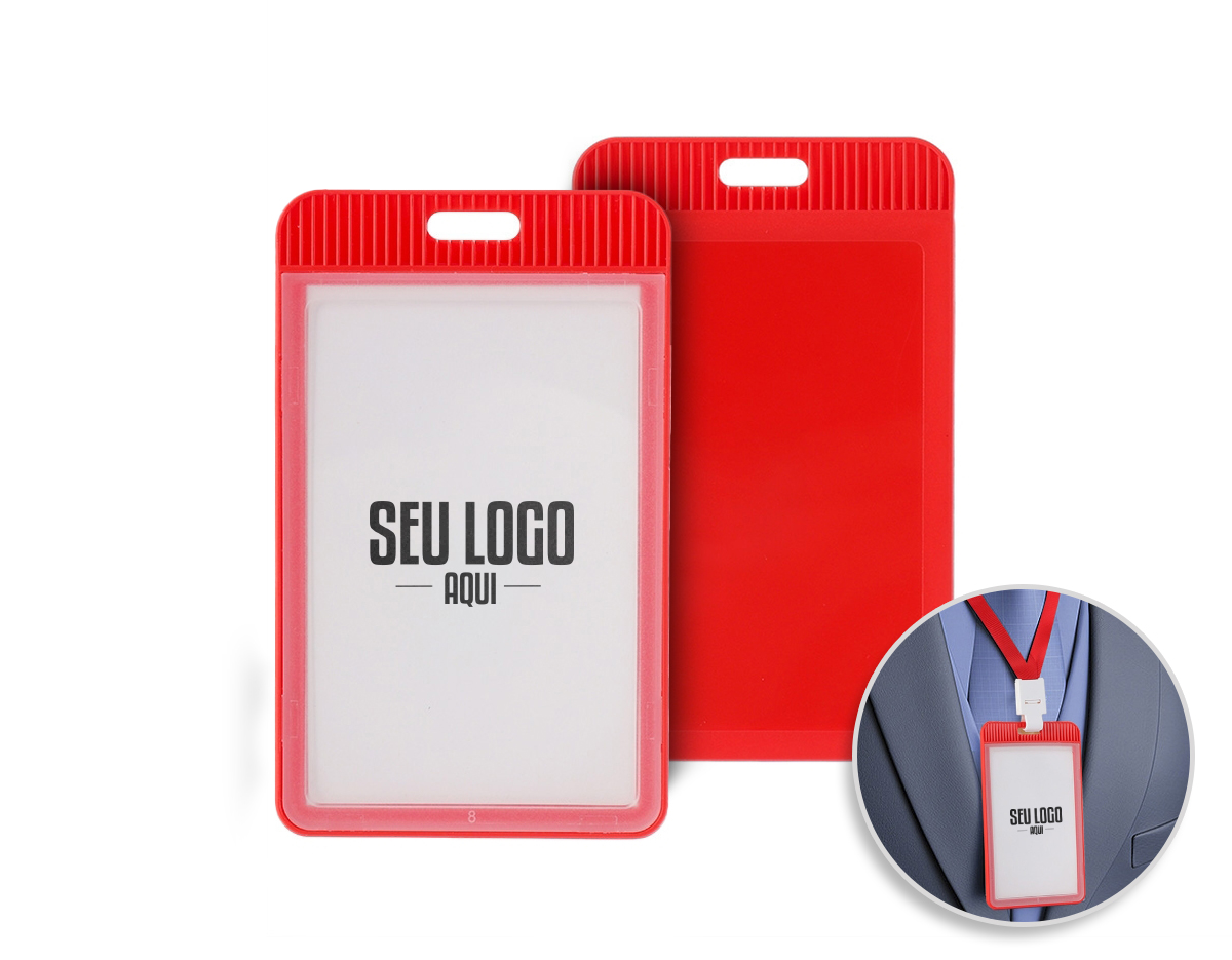 Porta crachá ou porta credencial em plástico resistente. Suporte com visor transparente removível e abertura superior para prender o cordão.