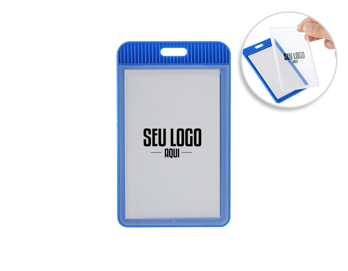 Porta crachá ou porta credencial em plástico resistente. Suporte com visor transparente removível e abertura superior para prender o cordão.