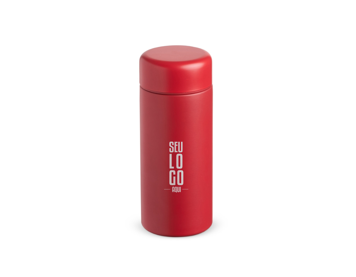 Garrafa térmica 200ml feita em aço inoxidável com tampa rosqueável.