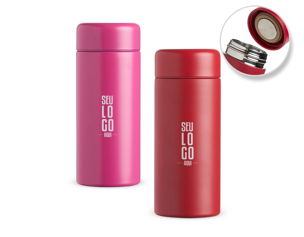 Garrafa térmica 200ml feita em aço inoxidável com tampa rosqueável.