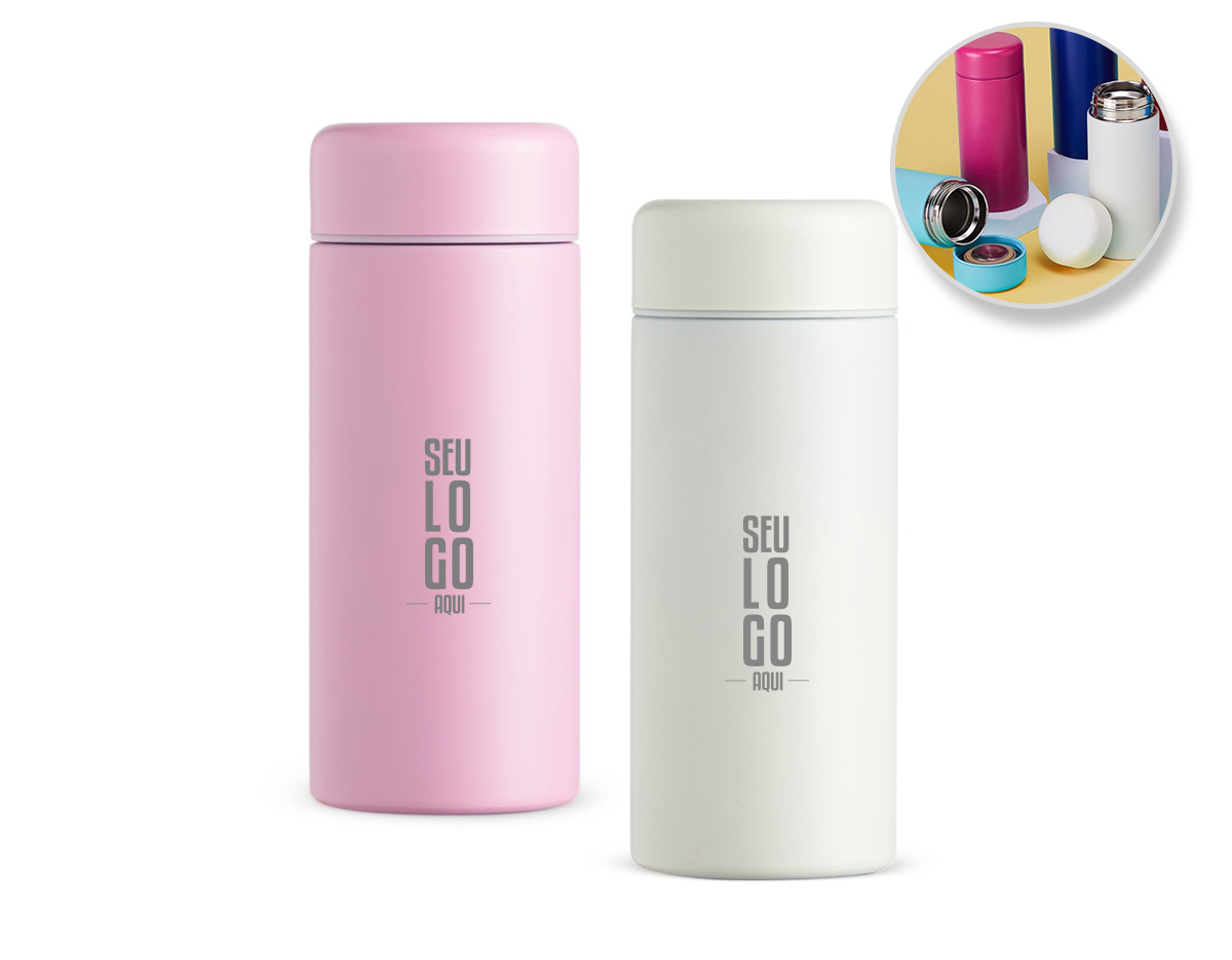 Garrafa térmica 200ml feita em aço inoxidável com tampa rosqueável.
