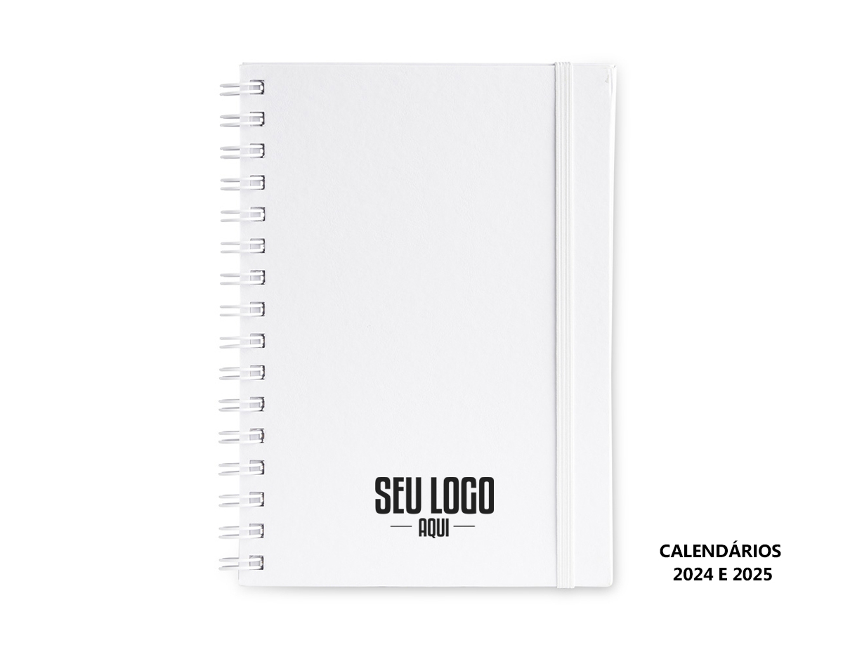 Caderno planner feito em capa cartonada com elástico para lacre. Com aproximadamente 62 folhas, o planner possui página para dados pessoais, calendários 2024 e 2025, planejamento anual, objetivos e metas, controle financeiro e resoluções do ano.