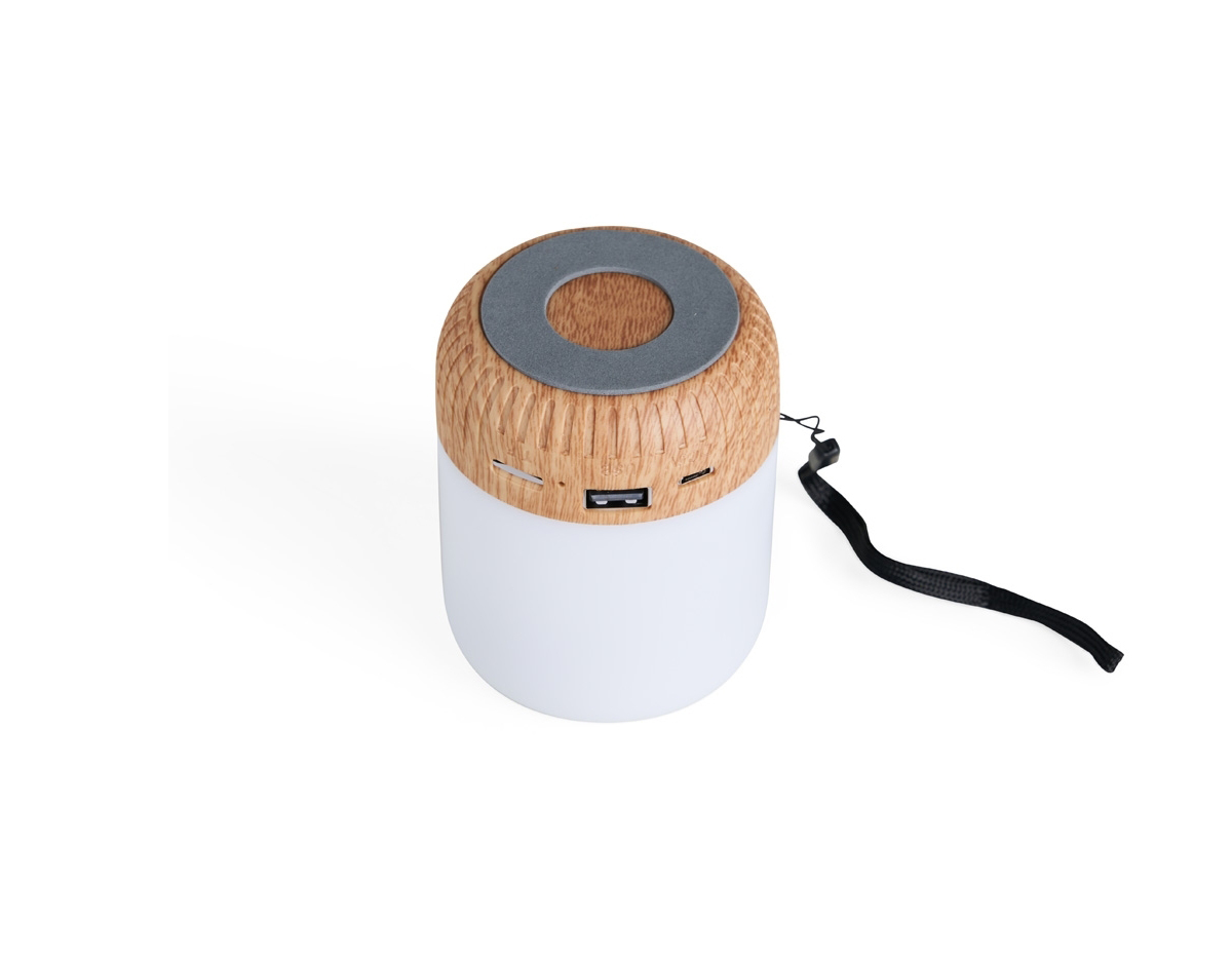 Caixa de som multimídia com luzes, material plástico. Operante nos modos Bluetooth, rádio FM, pen drive e cartão TF (MicroSD). Base antiderrapante. Acompanha cabo USB e cordão de nylon