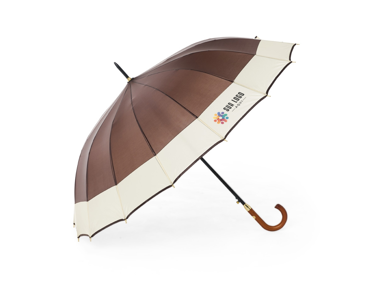 Guarda-chuva de poliéster com abertura automática, estrutura metálica com 16 varetas e pegador em madeira.