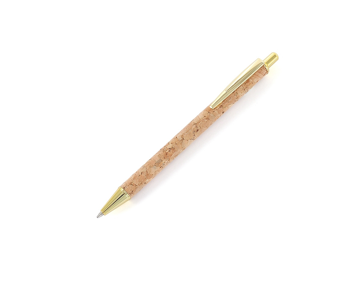 Caneta de cortiça com carga esferográfica azul 1.0mm e acionamento por clique. Clipe metálico, acionador e ponteira plástica.