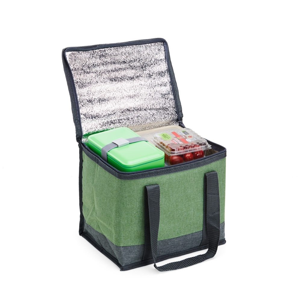 Bolsa térmica de poliéster com capacidade de 12 Litros. Contém alça de mão em nylon.