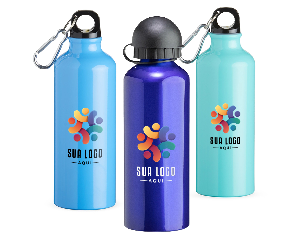 Squeeze 500ml de alumínio com pintura metalizada, tampa rosqueável e acompanha um segundo bico com mosquetão (não é térmico).