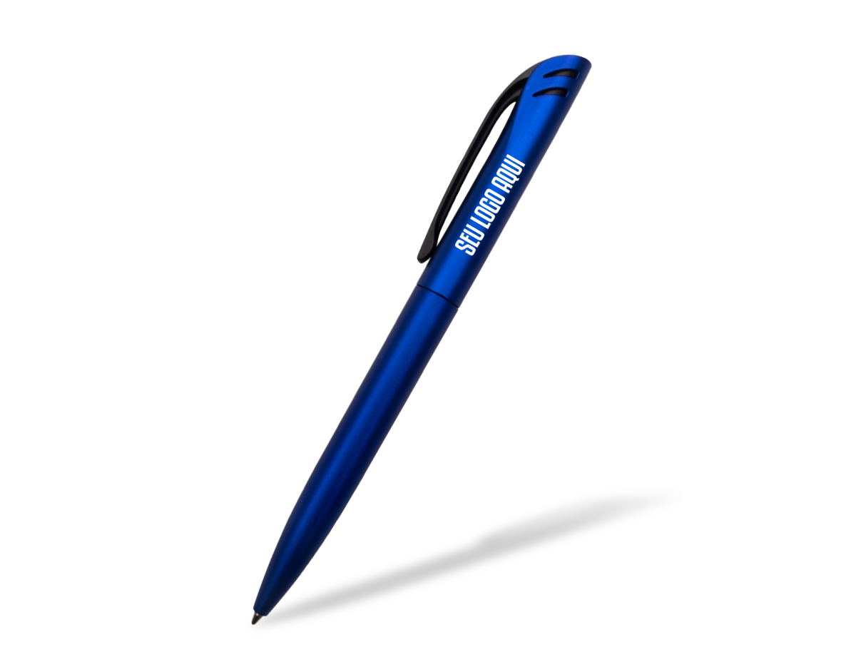 Caneta Plástica com acionamento por rotação e carga esferográfica azul 1.0mm.