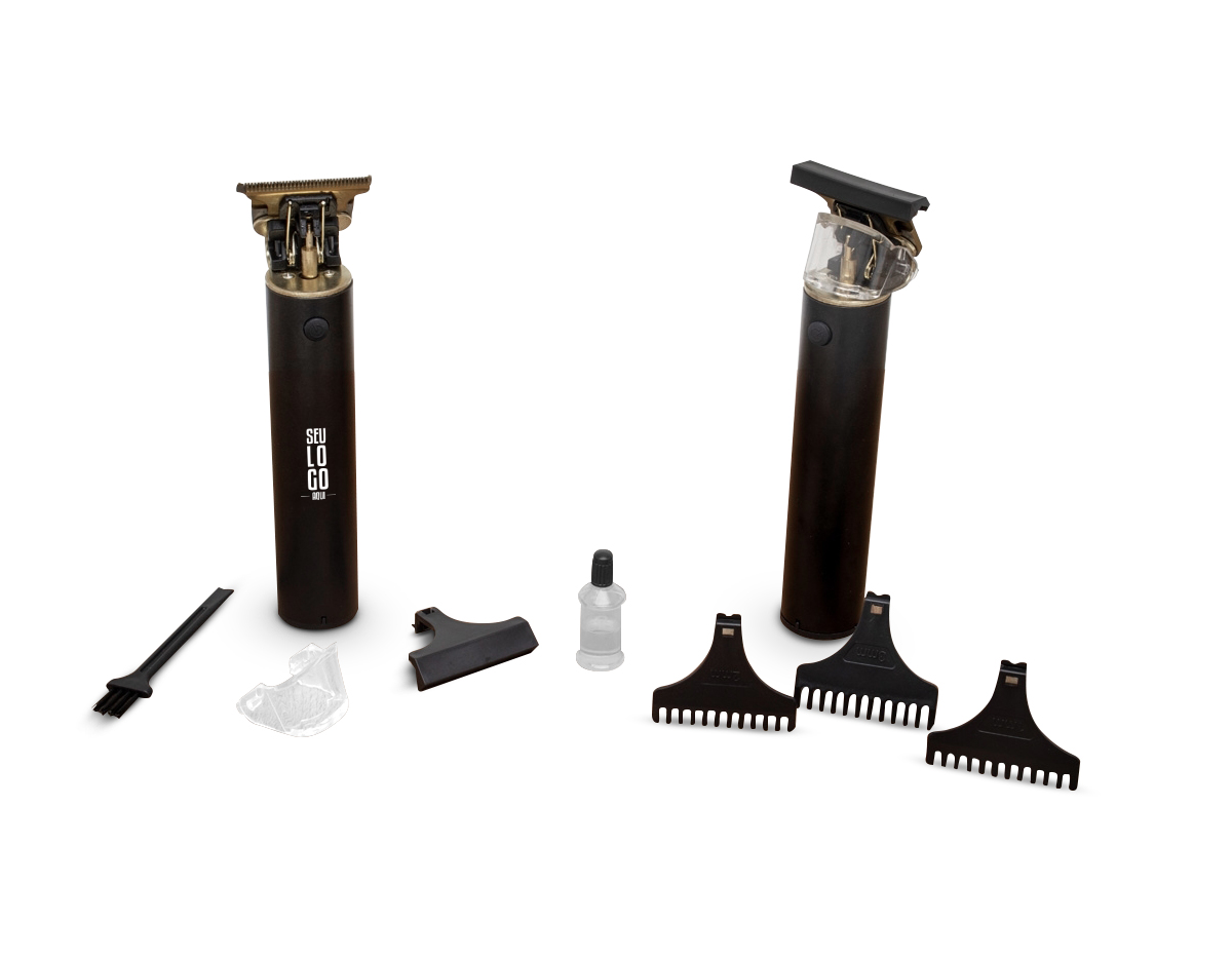 Máquina de cortar cabelo recarregável com lâminas em aço inoxidável, tampa plástica e corpo de alumínio. Acompanha 4 pentes plásticos (1mm, 2mm, 3mm e pente de proteção para as lâminas), escova de limpeza, óleo lubrificante e cabo USB-Tipo-C.Máquina de Cortar Cabelo Recarregável