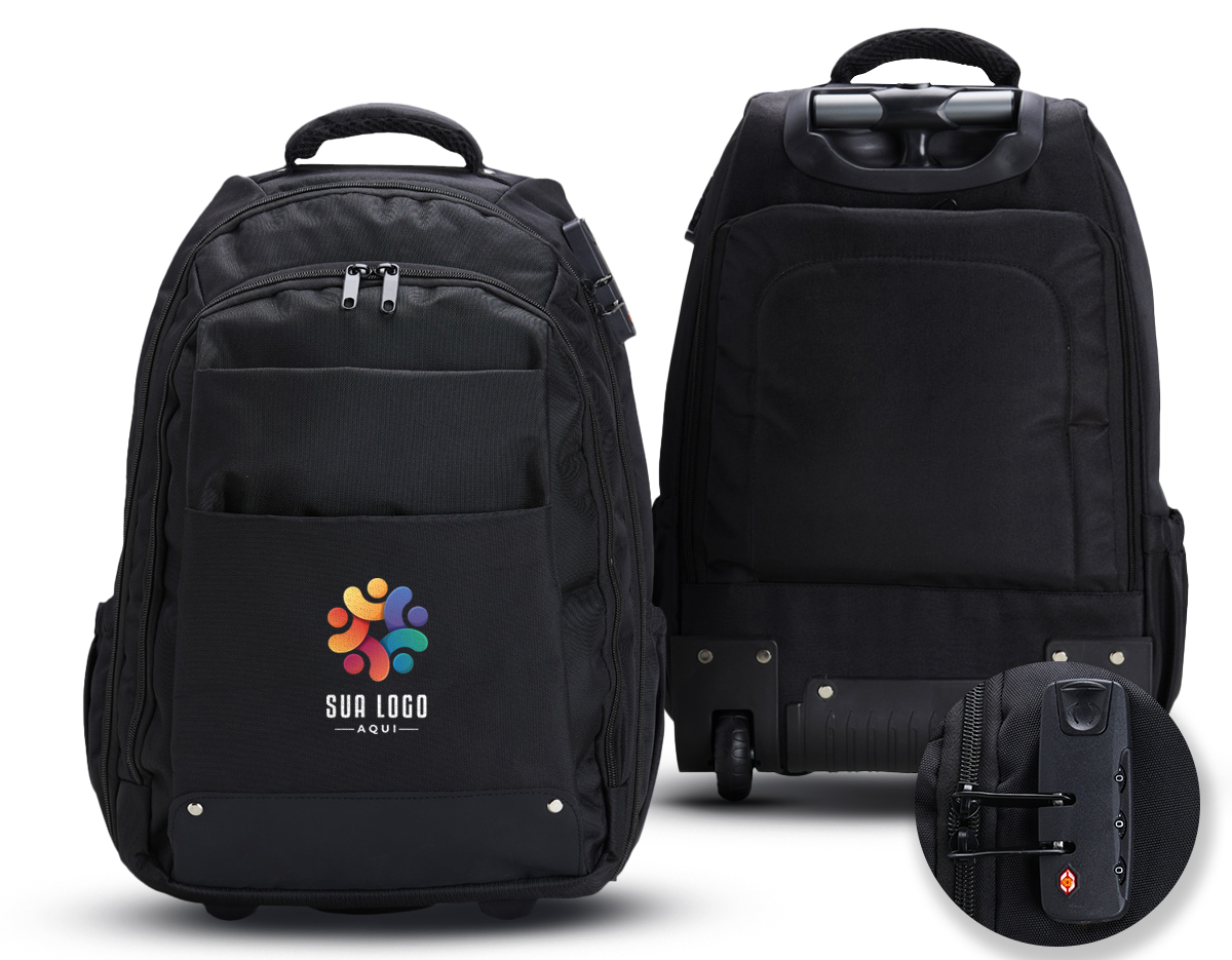 Mochila 27 litros com rodinhas e cadeado TSA. Possui padrão para bagagem de mão, conforme especificações ANAC (Agência Nacional de Aviação Civil) Confeccionada em nylon, contém alça revestida com espuma para um maior conforto, puxador retrátil com regulagem e botão acionador, alças para as costas escondidas no compartimento traseiro com zíper