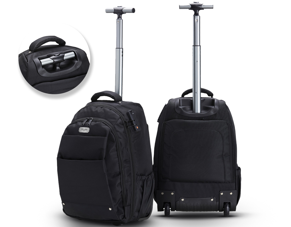 Mochila 27 litros com rodinhas e cadeado TSA. Possui padrão para bagagem de mão, conforme especificações ANAC (Agência Nacional de Aviação Civil) Confeccionada em nylon, contém alça revestida com espuma para um maior conforto, puxador retrátil com regulagem e botão acionador, alças para as costas escondidas no compartimento traseiro com zíper