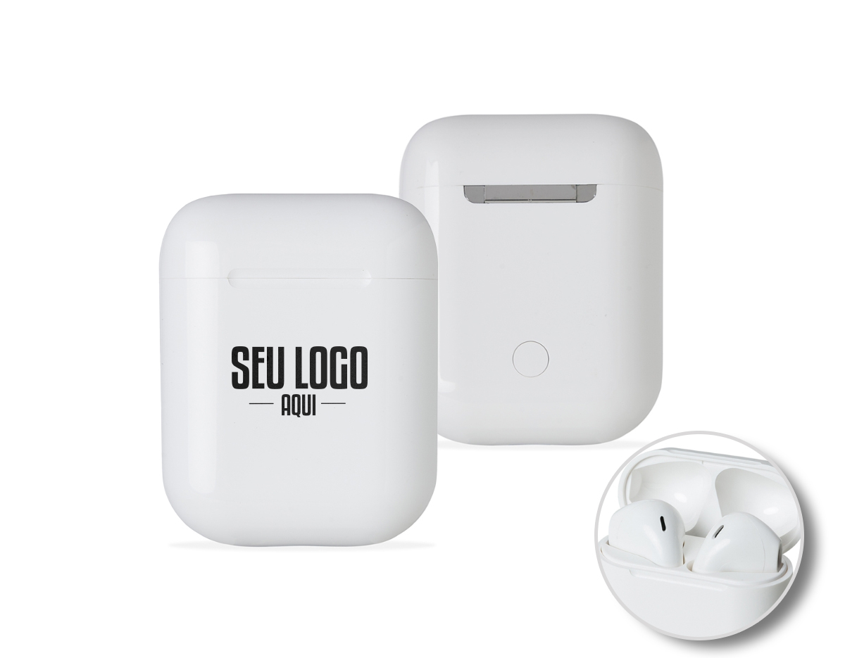 Fone de ouvido bluetooth com comandos touch, microfone e case carregador de fechamento magnético. Fones e case com acabamento brilhante, acompanha USB Lightning.