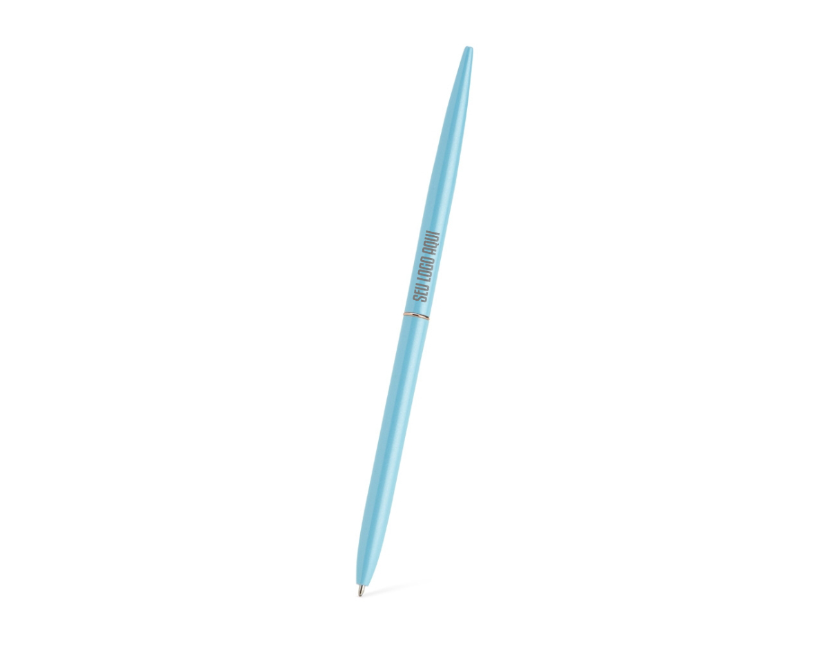 Caneta metálica com acionamento por rotação e carga esferográfica azul 1mm.