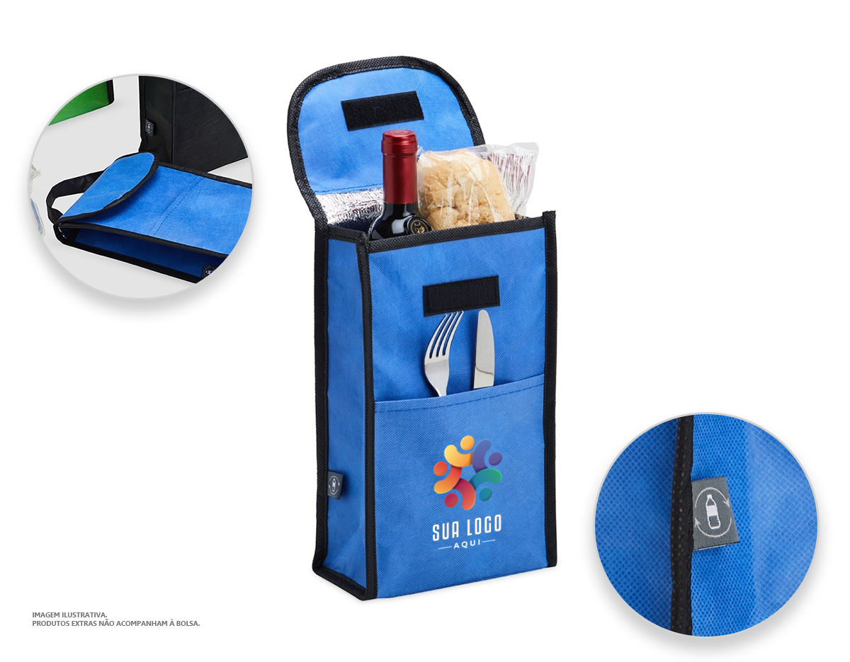Bolsa térmica de rPET com capacidade de 4 litros com bolso frontal. Feita a partir de materiais recicláveis.