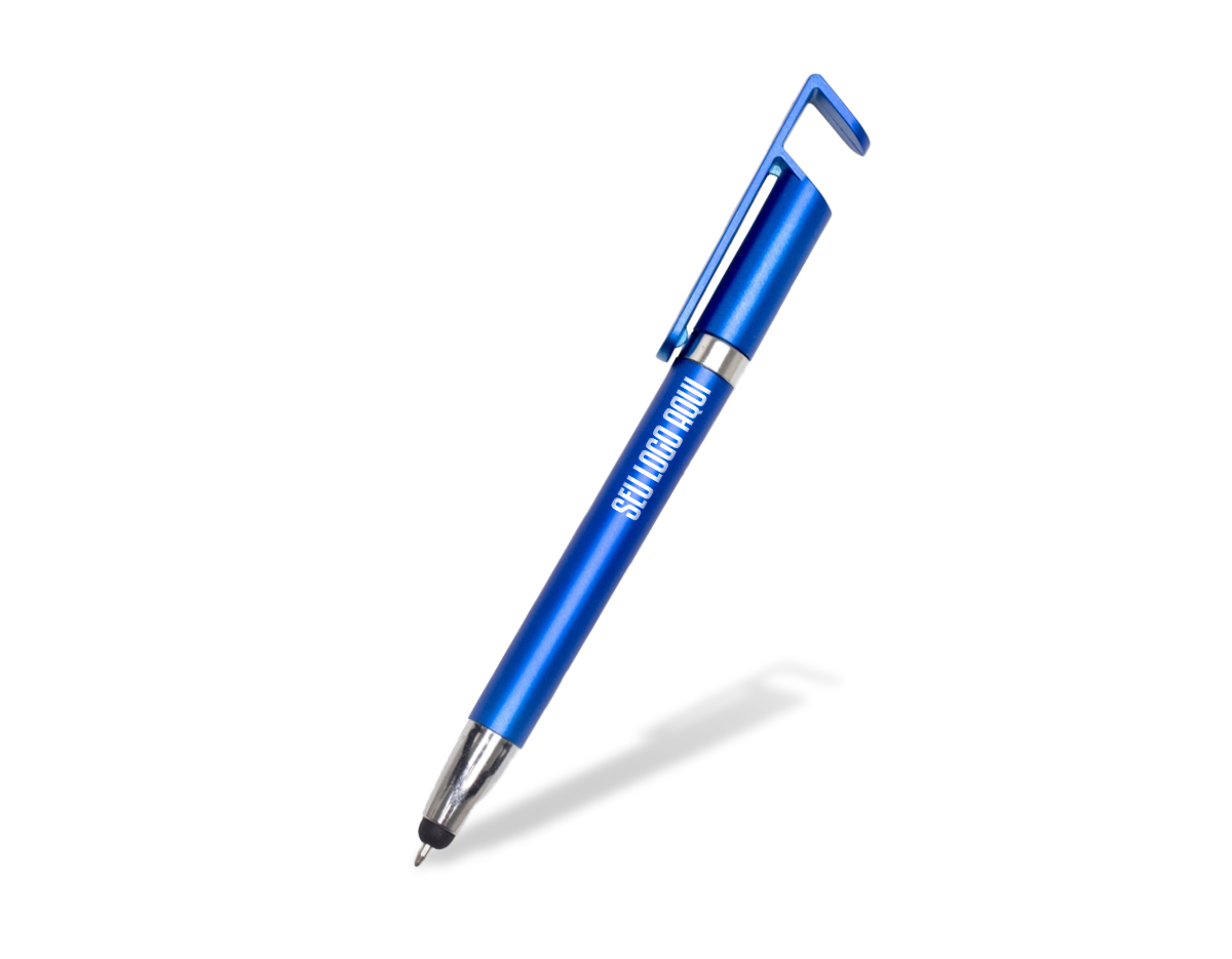 Caneta plástica com suporte para celular e ponteira touch screen. Carga esferográfica azul 1.0mm e acionamento por rotação.