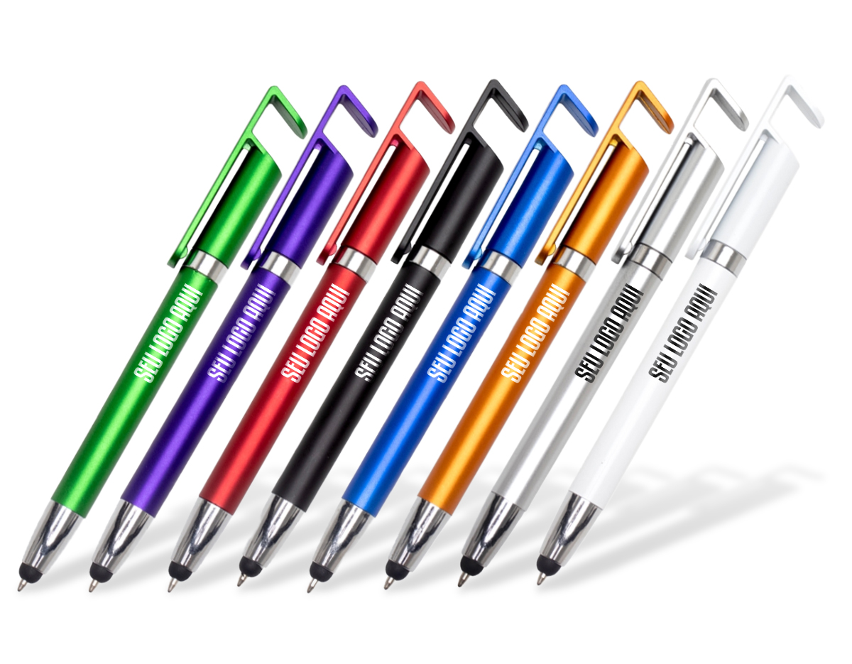 Caneta plástica com suporte para celular e ponteira touch screen. Carga esferográfica azul 1.0mm e acionamento por rotação.