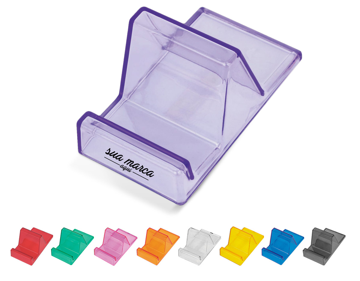 Suporte para celular confeccionado em acrílico resistente, com design simples e funcional que garante estabilidade ao aparelho. Ideal para apoiar o celular em mesas ou bancadas, facilitando a visualização de conteúdos e chamadas.
