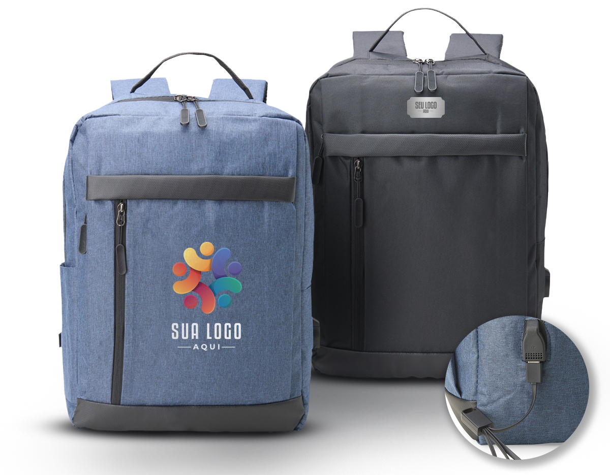 Mochila de nylon 21 litros com detalhe em couro sintético, três compartimentos, sendo o principal com bolso para notebook 156. Com divisórias internas para acessórios, a mochila possui bolso lateral e suporte externo usb.