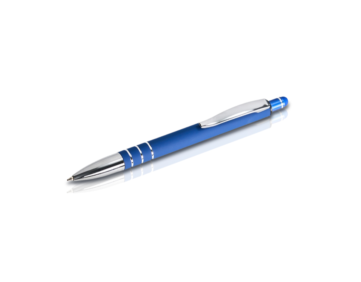 Caneta metálica touchscreen com acabamento emborrachado para aderência confortável. Acionamento por clique e carga esferográfica azul de 1.0mm para escrita suave e nítida.