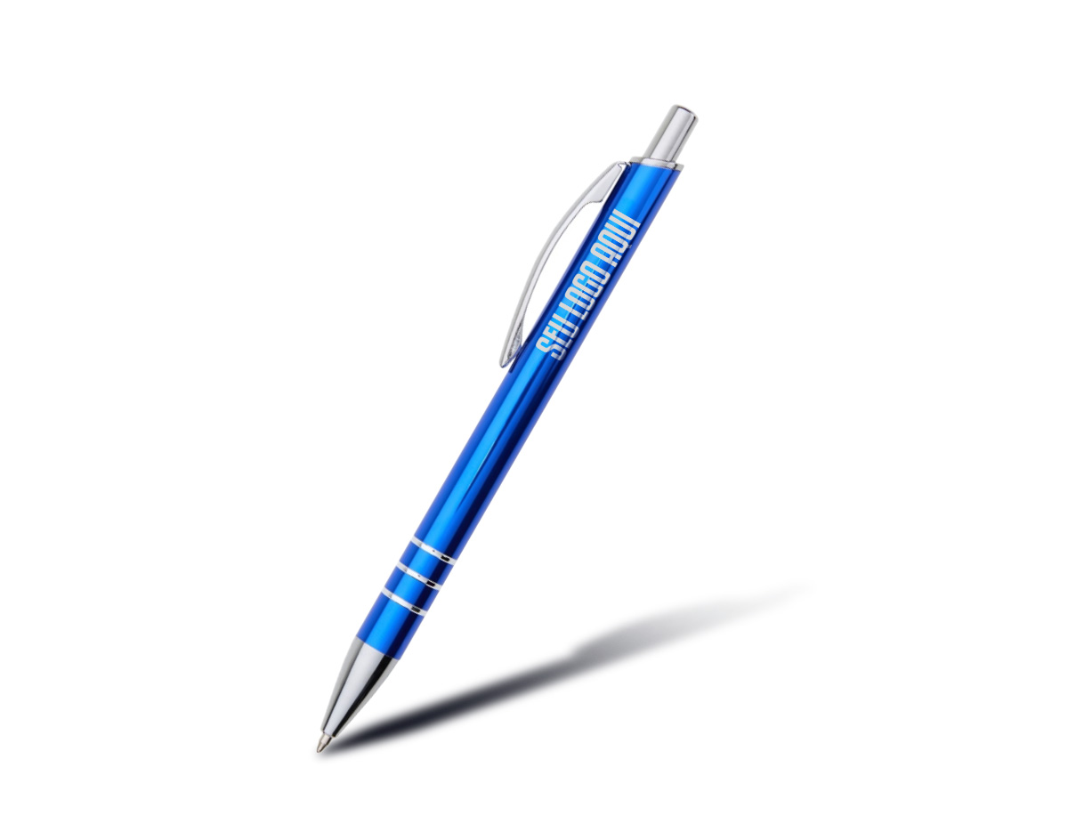 Caneta metálica com acionamento por clique e carga esferográfica azul de 1.0mm. Ideal para escrita fluida e precisa em qualquer ocasião.